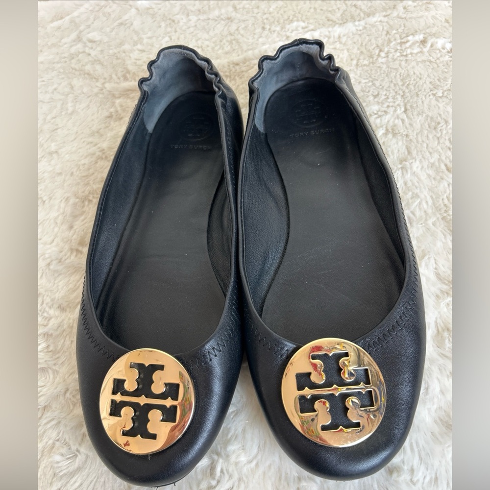 Tory Burch Minnie Ballet Flats Gold Reva Logo Size 8 1/2 M
